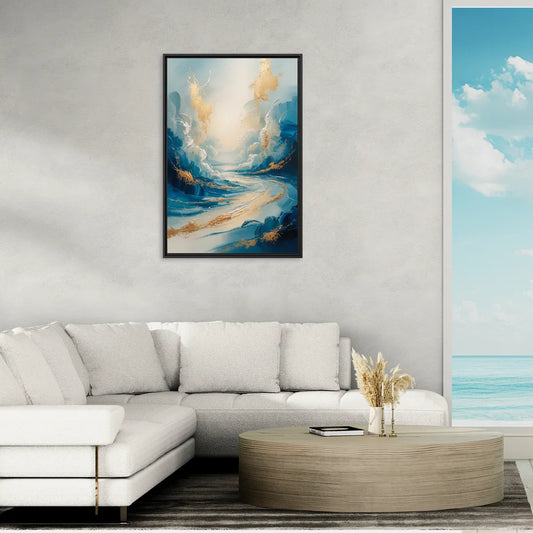Serene Azure Elegance Blue and Gold Abstract - Living Room Black Frame Canvas