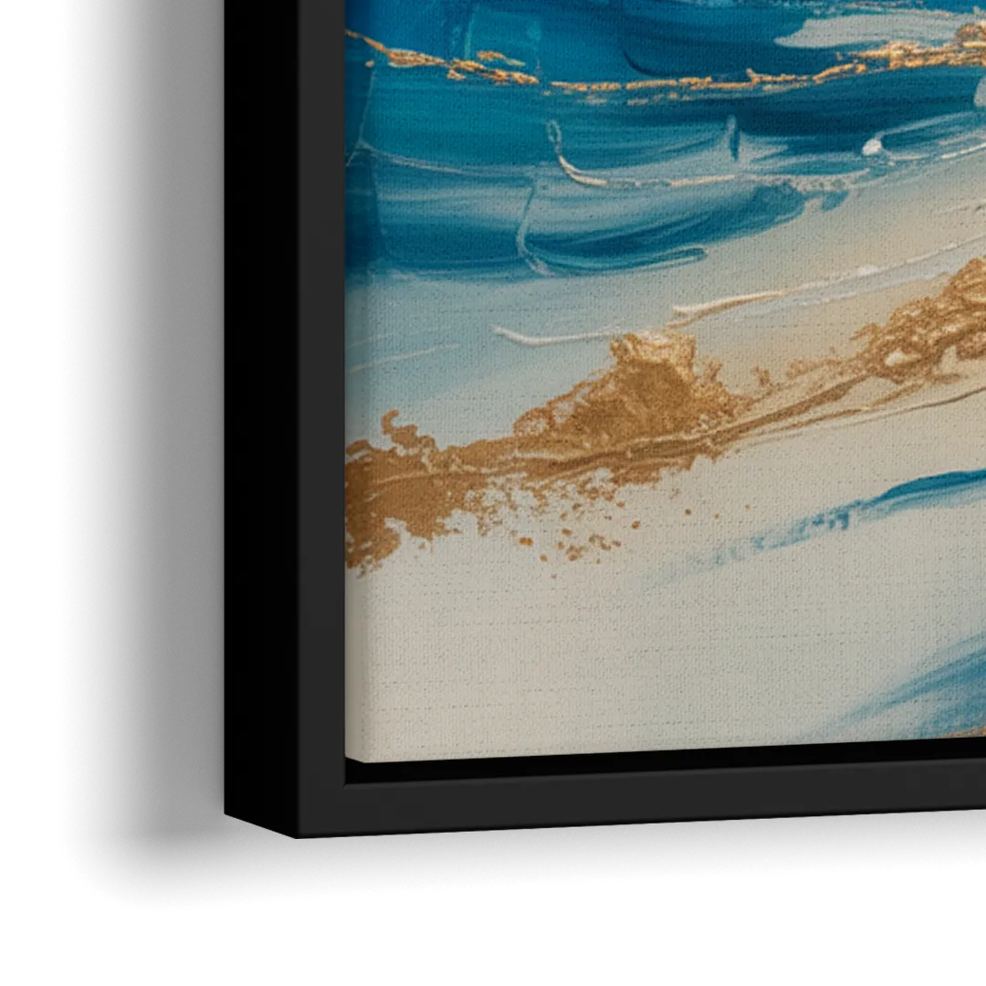 Serene Azure Elegance Blue and Gold Abstract - Close-Up Black Frame Canvas