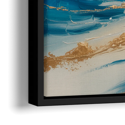 Serene Azure Elegance Blue and Gold Abstract - Close-Up Black Frame Canvas