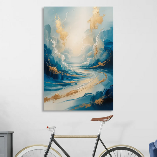 Serene Azure Elegance Blue and Gold Abstract Living Room - Canvas Wall Art