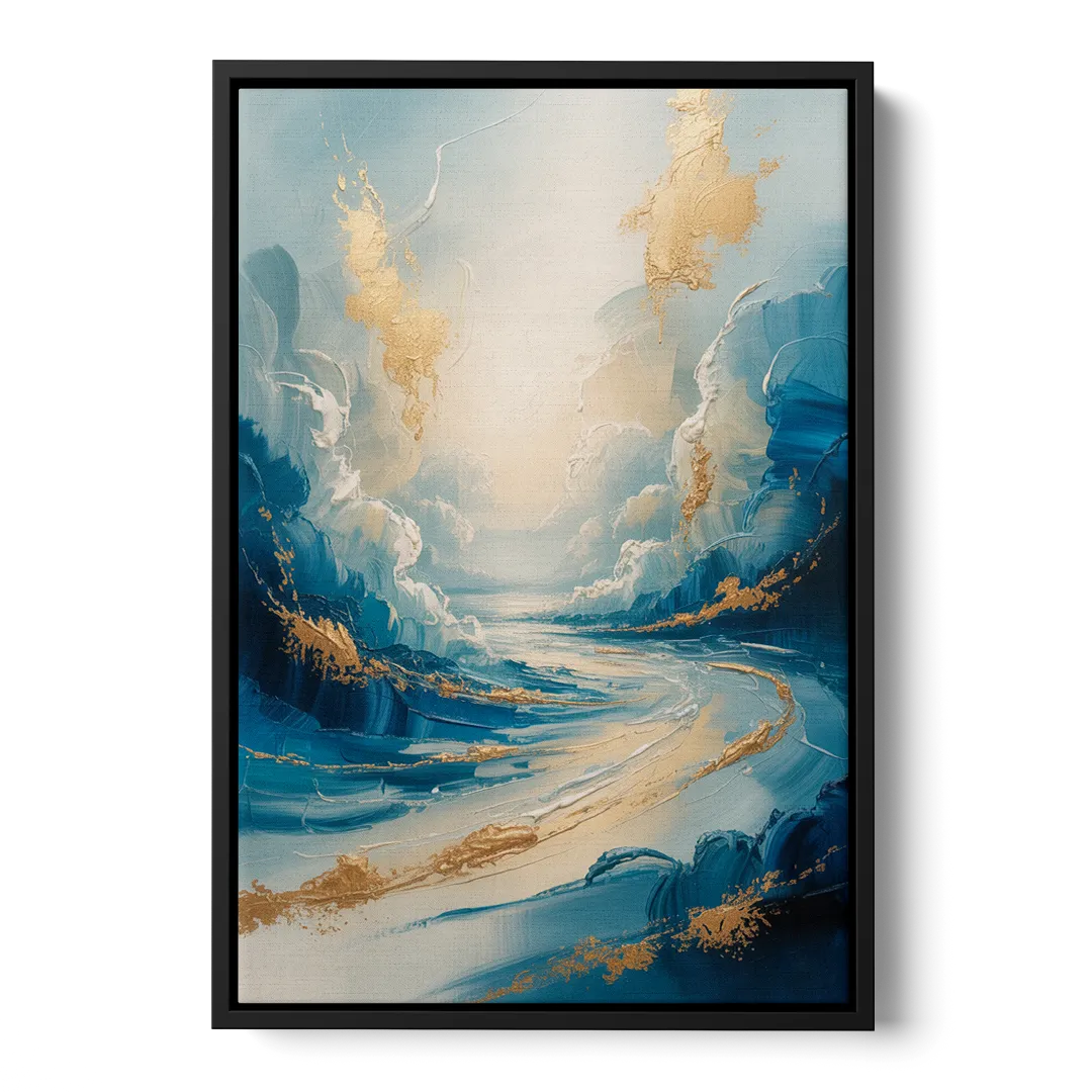 Serene Azure Elegance Blue and Gold Abstract - Black Frame Canvas
