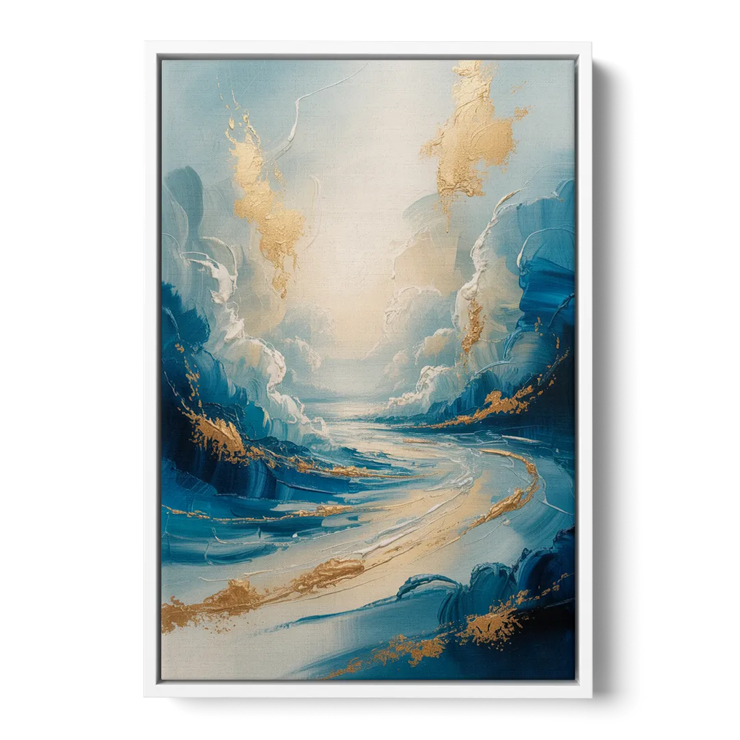 Serene Azure Elegance Blue and Gold Abstract - White Frame Canvas