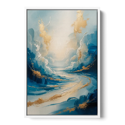 Serene Azure Elegance Blue and Gold Abstract - White Frame Canvas