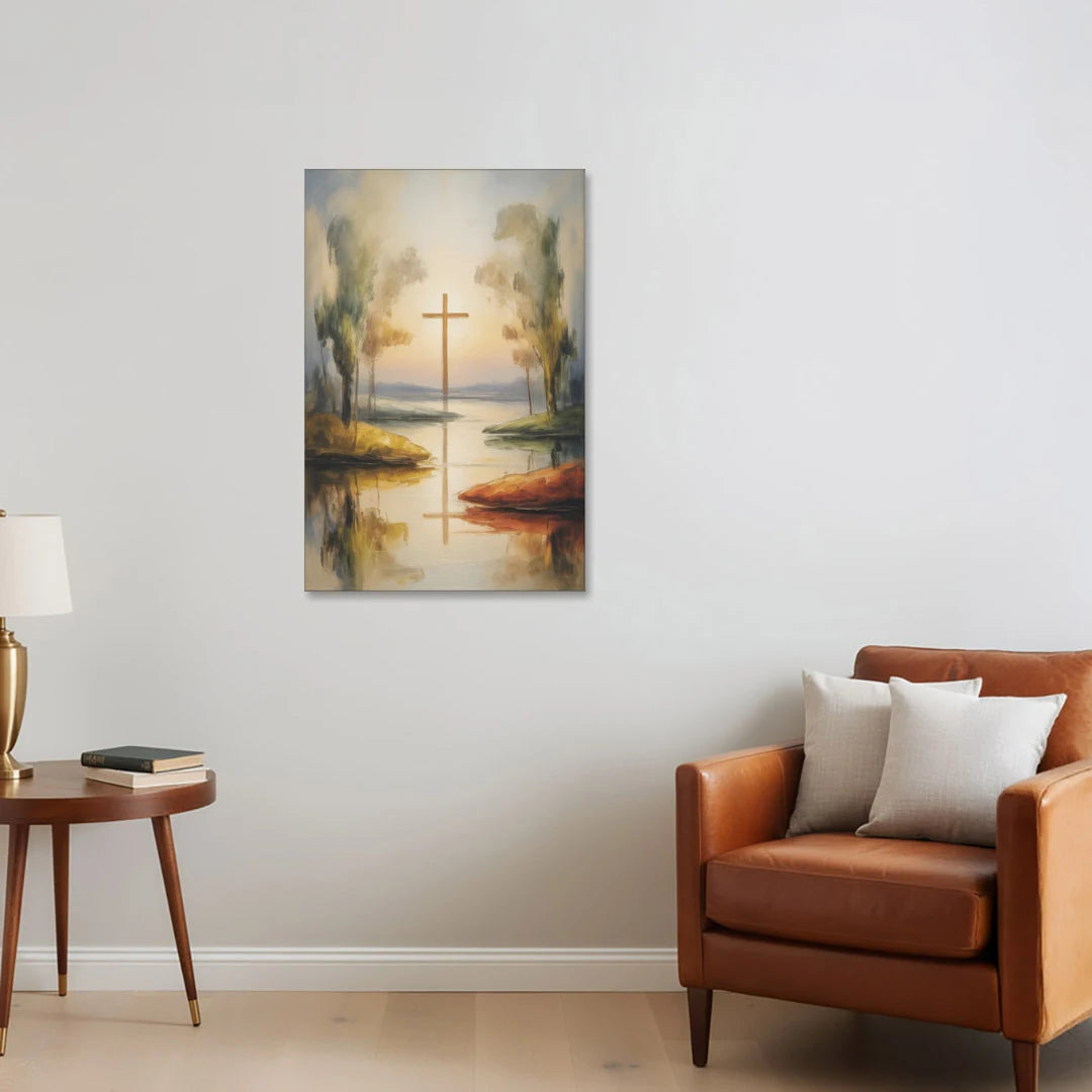 Serene Cross Landscape Abstract Christian - Canvas Wall Art - Sofa - 24x36