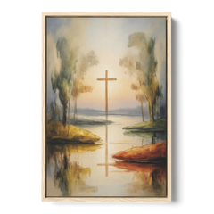 Serene Cross Landscape Abstract Christian - Oak Framed Canvas Wall Art - Front