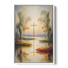 Serene Cross Landscape Abstract Christian - White Framed Canvas Wall Art - Front