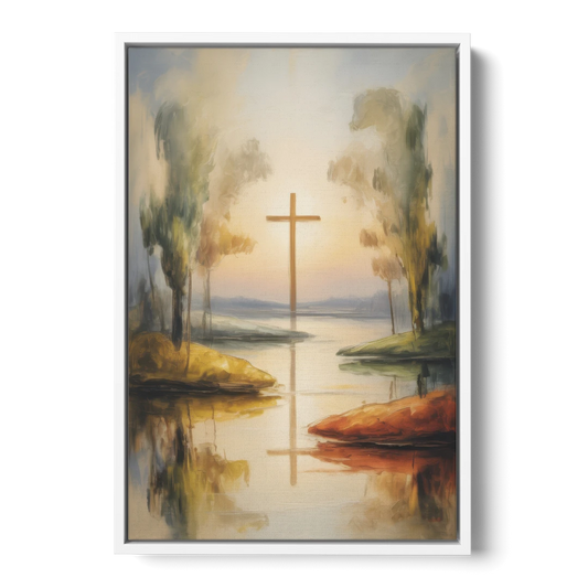 Serene Cross Landscape Abstract Christian - White Framed Canvas Wall Art - Front