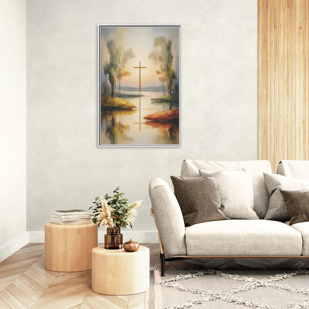 Serene Cross Landscape Abstract Christian - Living Room White Frame Canvas