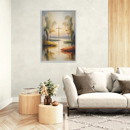 Serene Cross Landscape Abstract Christian - Living Room White Frame Canvas