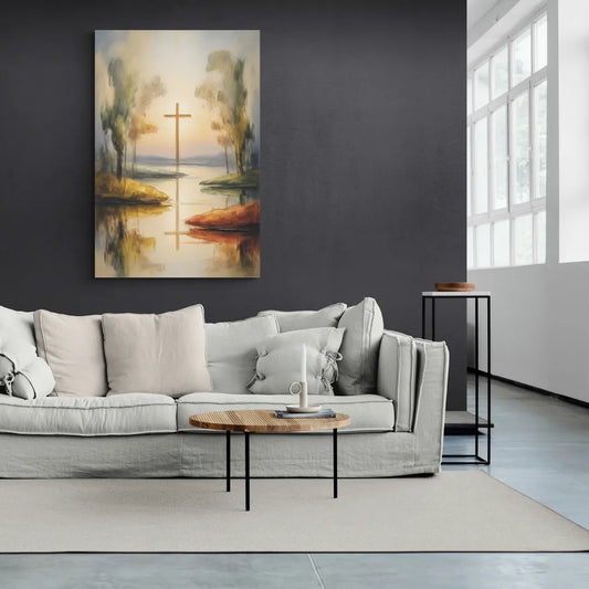 Serene Cross Landscape Abstract Christian - Canvas Wall Art Living Room