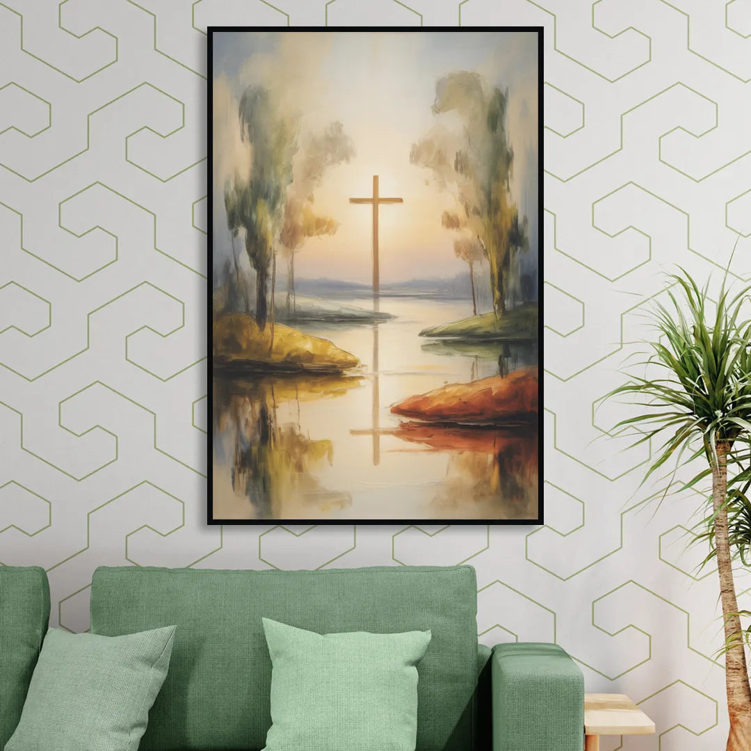 Serene Cross Landscape Abstract Christian Living Room - Black Canvas Wall Art