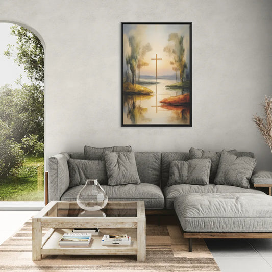 Serene Cross Landscape Abstract Christian - Living Room Black Frame Canvas