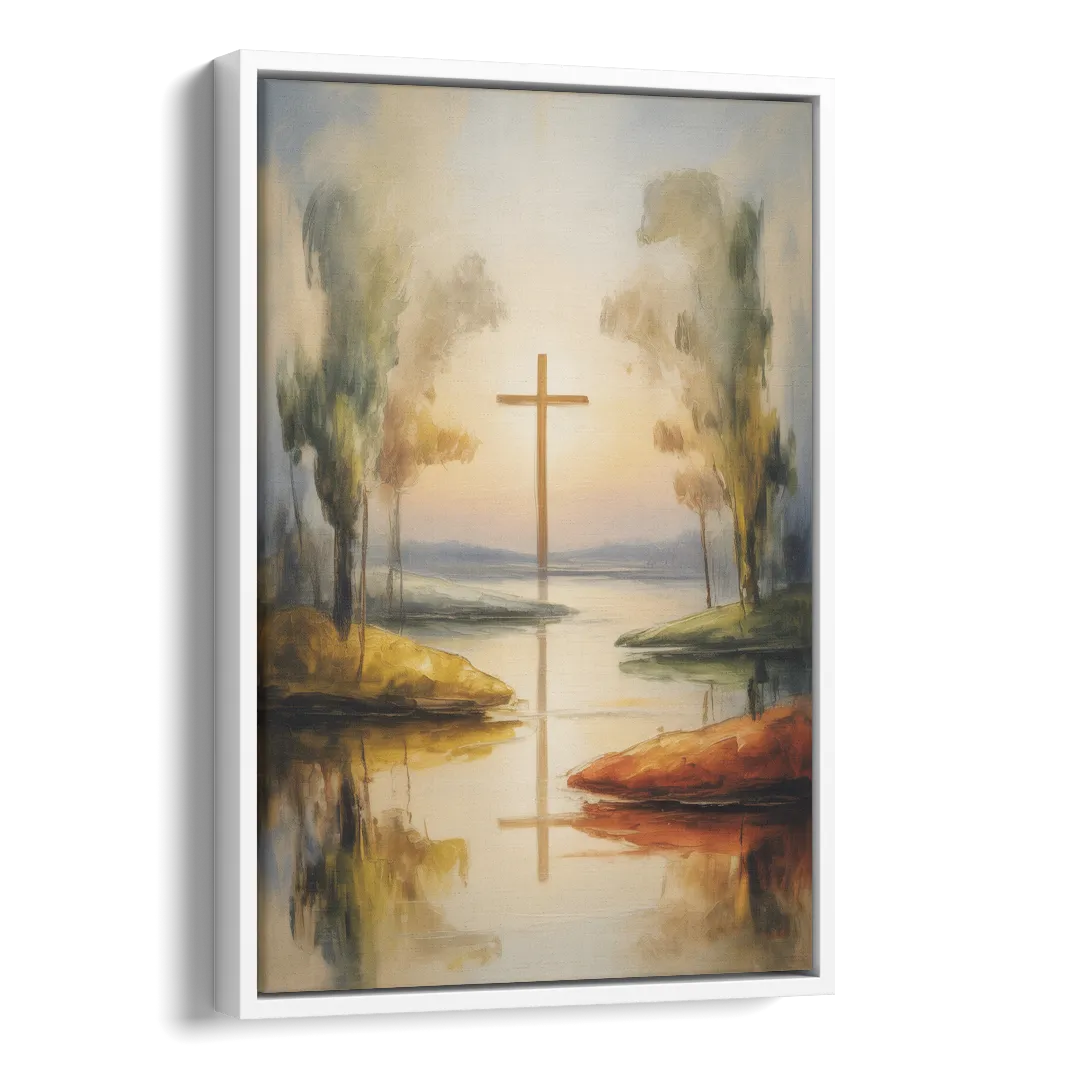 Serene Cross Landscape Abstract Christian Side - White Canvas Wall Art