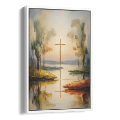 Serene Cross Landscape Abstract Christian Side - White Canvas Wall Art