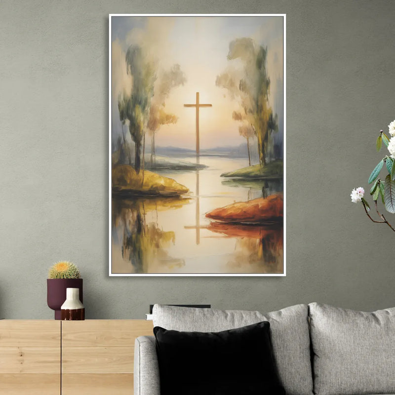 Serene Cross Landscape Abstract Christian Living Room - White Canvas Wall Art