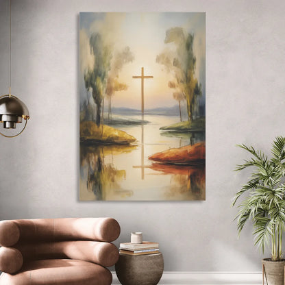 Serene Cross Landscape Abstract Christian Living Room - Canvas Wall Art