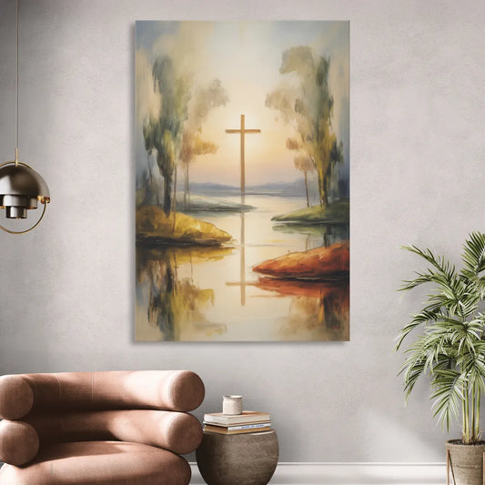 Serene Cross Landscape Abstract Christian Living Room - Canvas Wall Art