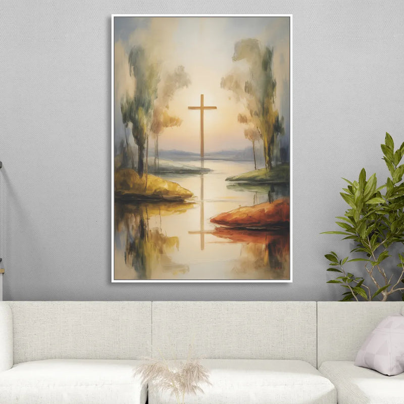 Serene Cross Landscape Abstract Christian Sitting Room - White Canvas Wall Art