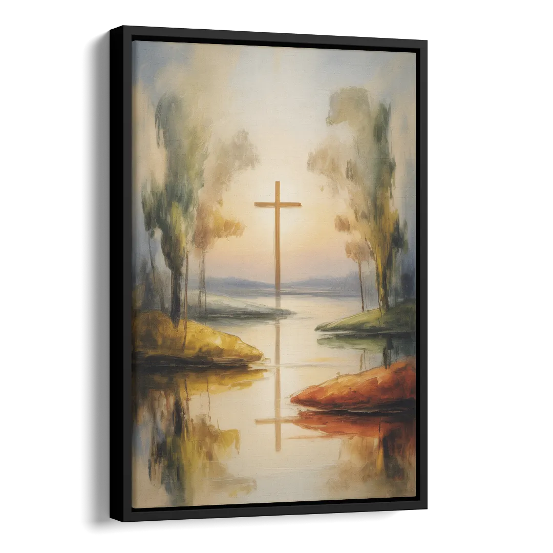 Serene Cross Landscape Abstract Christian Side - Black Canvas Wall Art