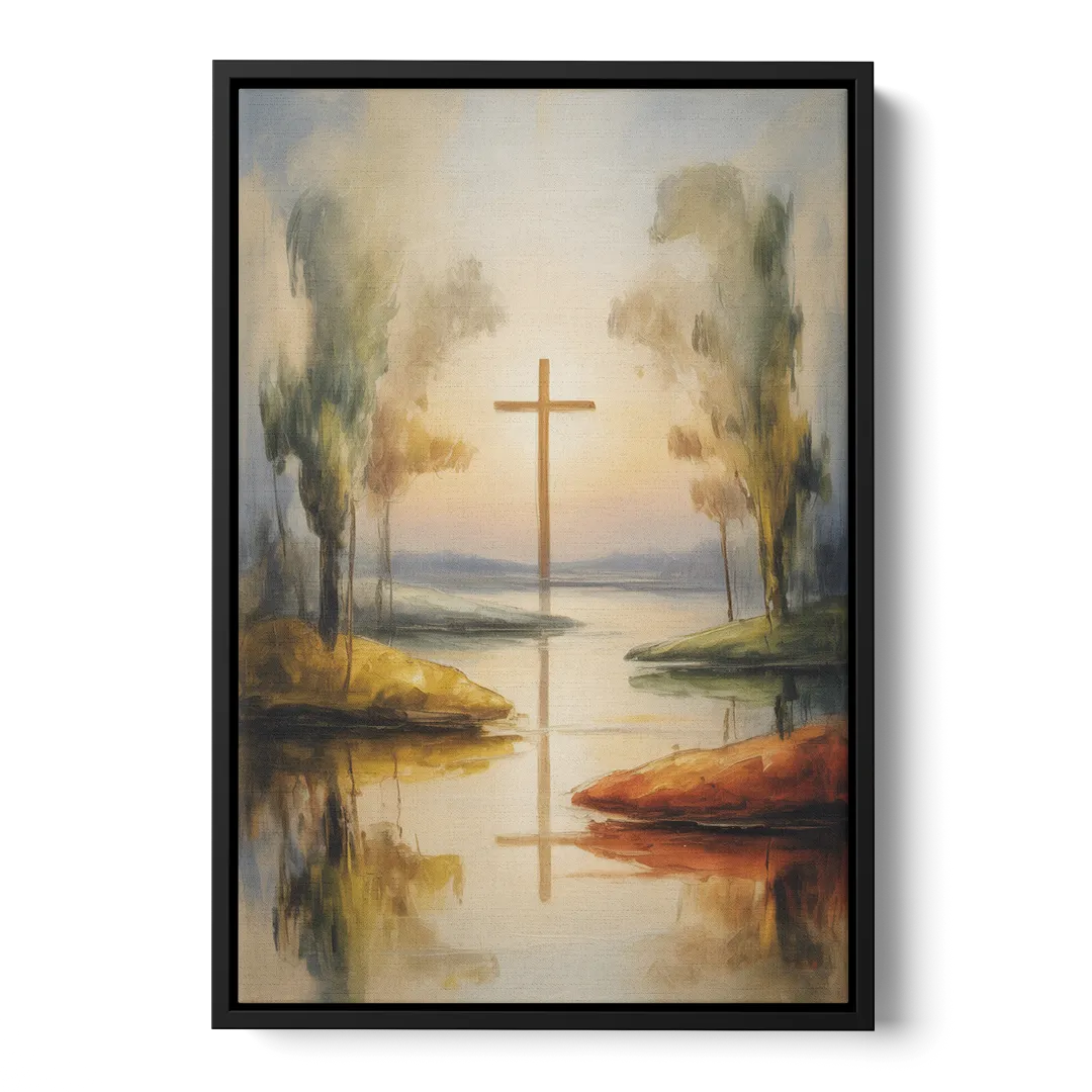 Serene Cross Landscape Abstract Christian - Black Frame Canvas