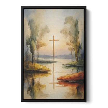 Serene Cross Landscape Abstract Christian - Black Frame Canvas