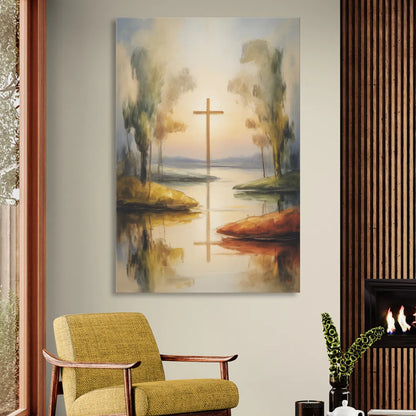 Serene Cross Landscape Abstract Christian Sitting Room - Canvas Wall Art