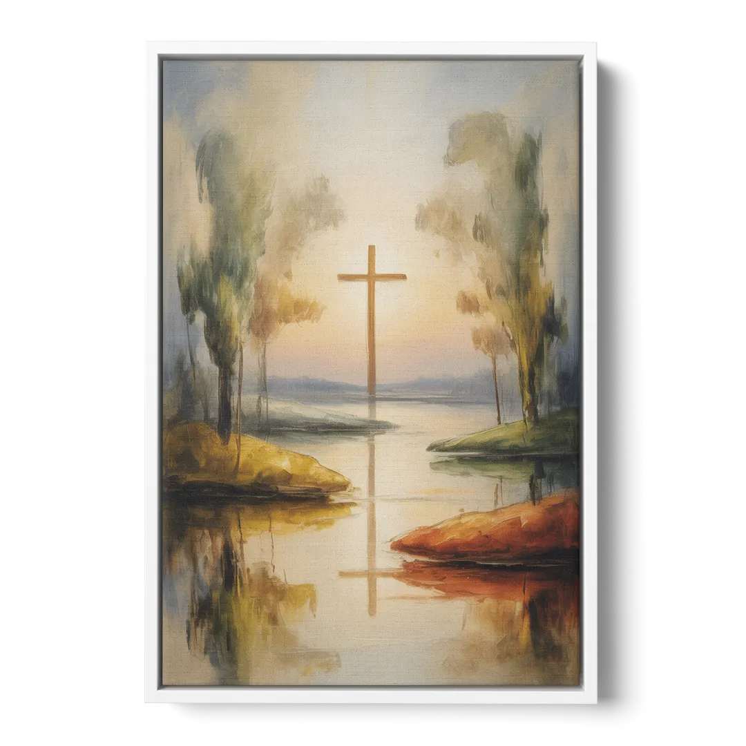 Serene Cross Landscape Abstract Christian - White Frame Canvas
