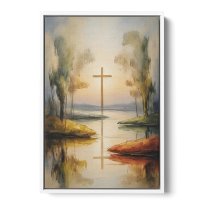 Serene Cross Landscape Abstract Christian - White Frame Canvas