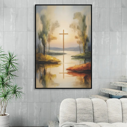 Serene Cross Landscape Abstract Christian Sitting Room - Black Canvas Wall Art