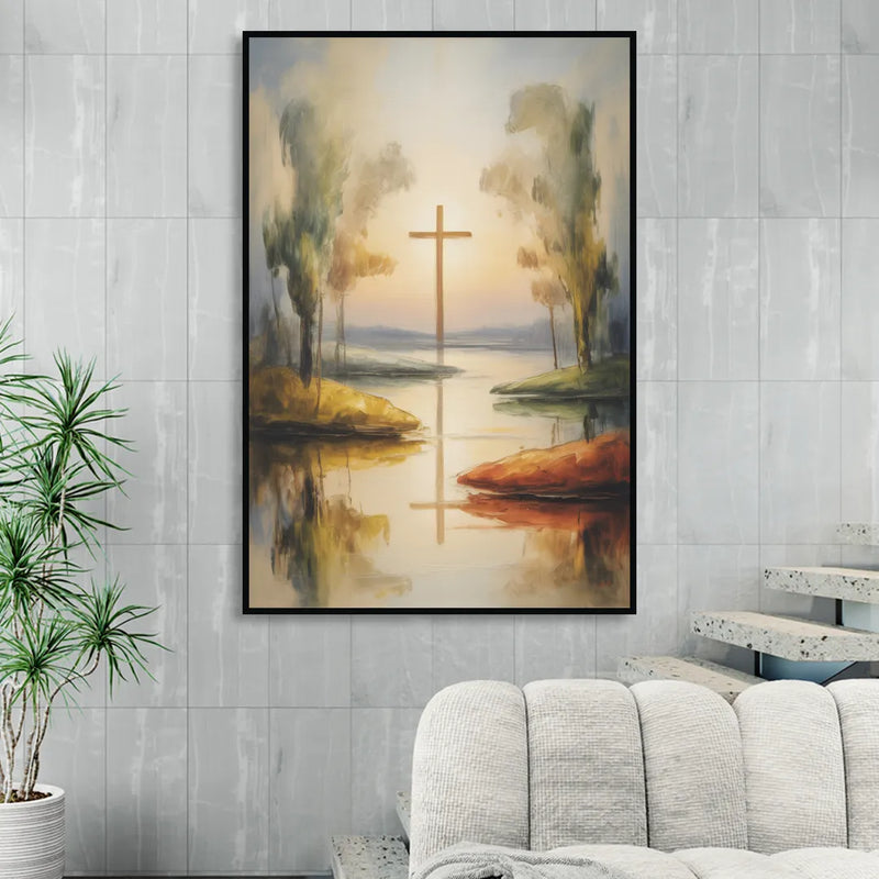Serene Cross Landscape Abstract Christian Sitting Room - Black Canvas Wall Art