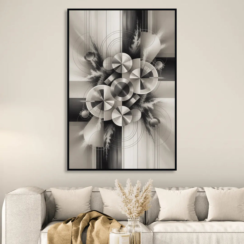 Serene Elegance Grey and White Abstract Living Room - Black Canvas Wall Art