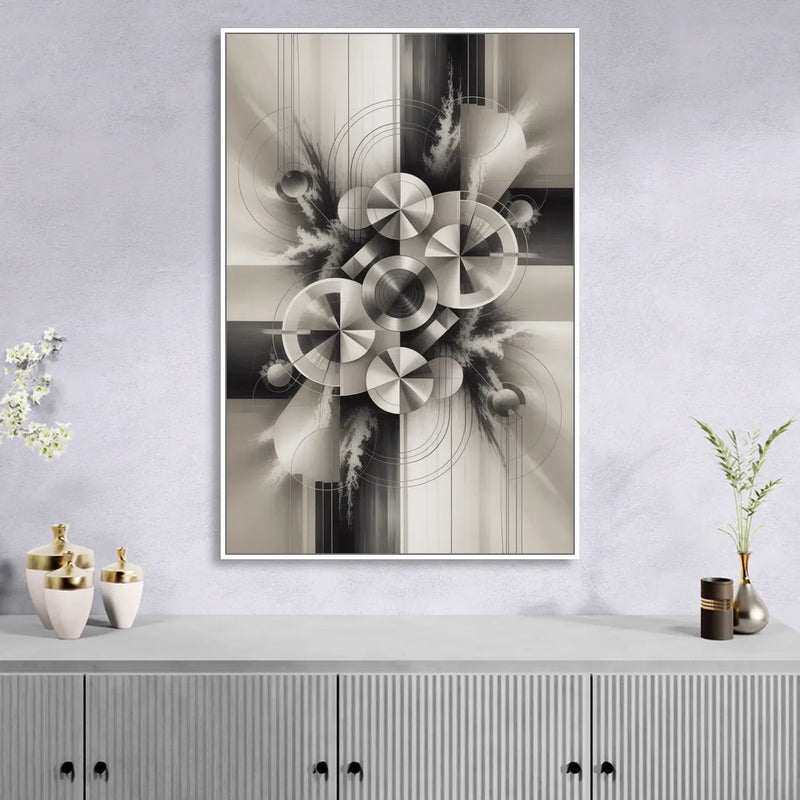 Serene Elegance Grey and White Abstract Living Room - White Canvas Wall Art