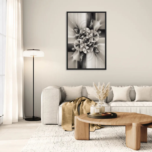 Serene Elegance Grey and White Abstract - Living Room Black Frame Canvas