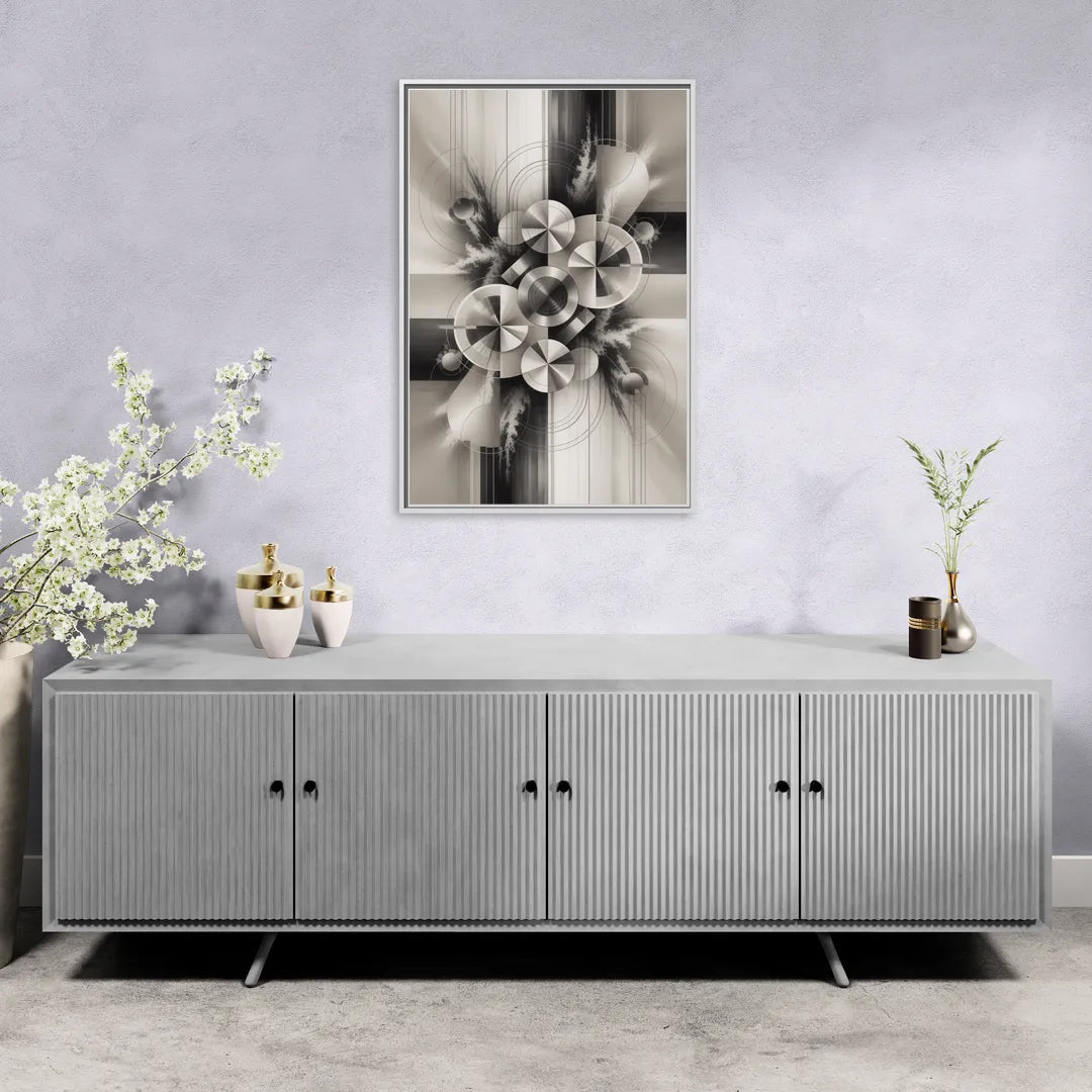 Serene Elegance Grey and White Abstract - Living Room White Frame Canvas