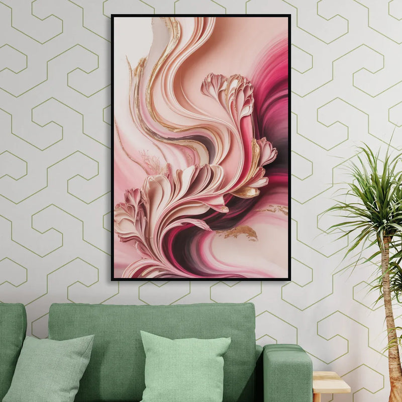 Serene Elegance Pink Abstract Living Room - Black Canvas Wall Art