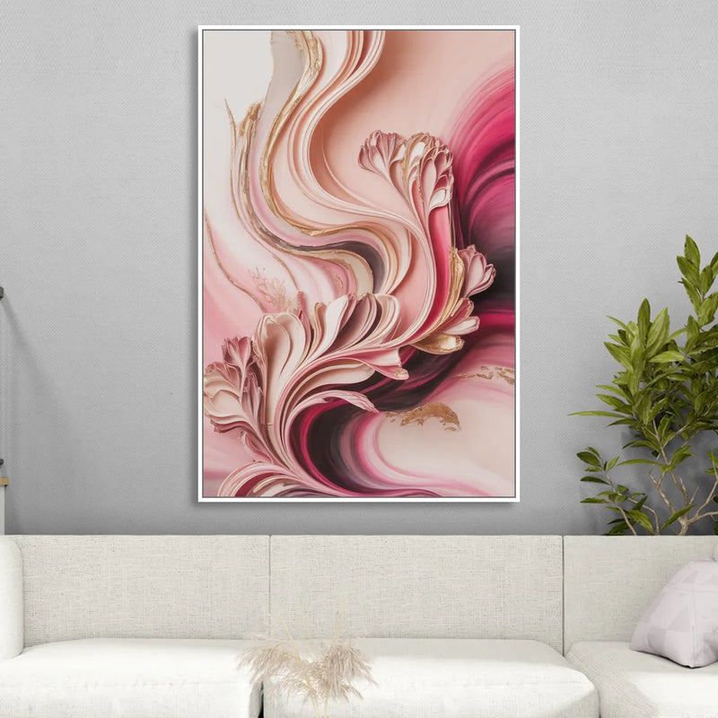 Serene Elegance Pink Abstract Sitting Room - White Canvas Wall Art