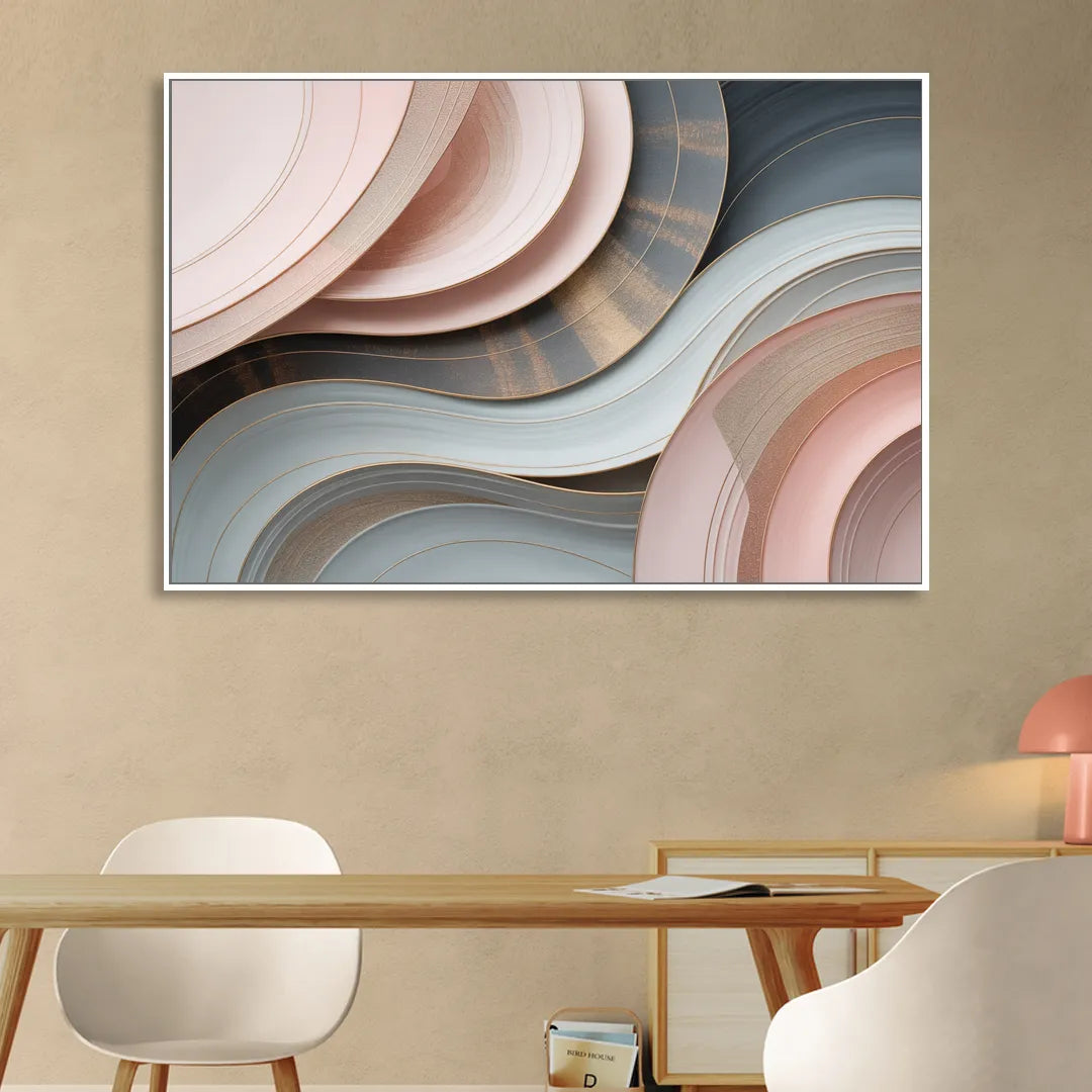 Serene Elegance Pink and Grey Abstract Sitting Room - White Canvas Wall Art