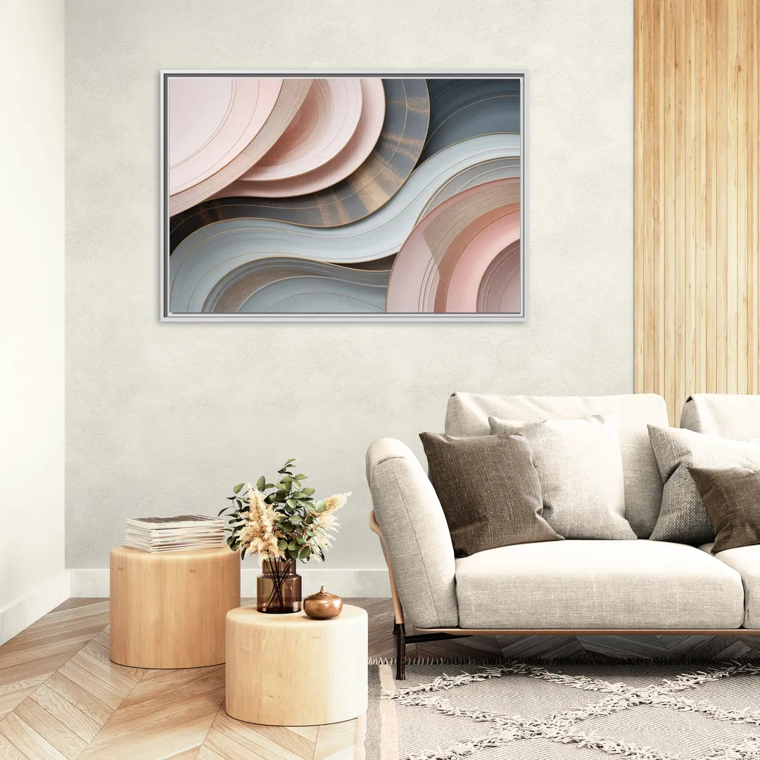 Serene Elegance Pink and Grey Abstract - Living Room White Frame Canvas