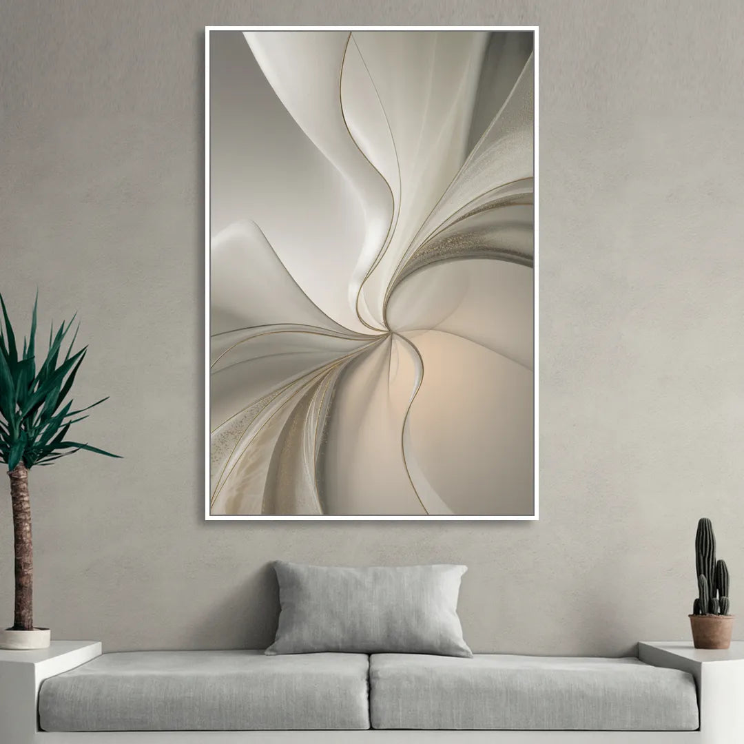 Serene Elegance in White Abstract Sitting Room - White Canvas Wall Art