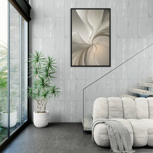 Serene Elegance in White Abstract - Living Room Black Frame Canvas