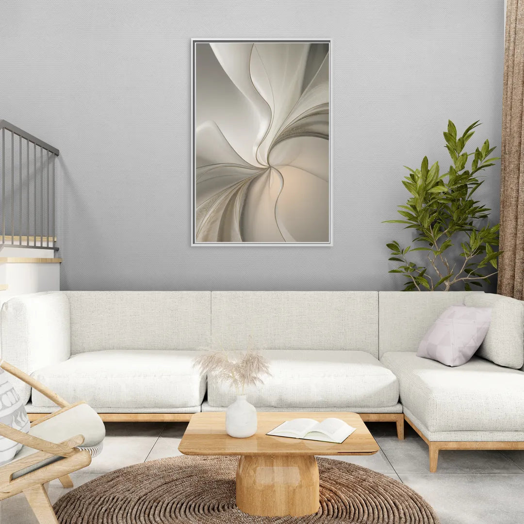 Serene Elegance in White Abstract - Living Room White Frame Canvas