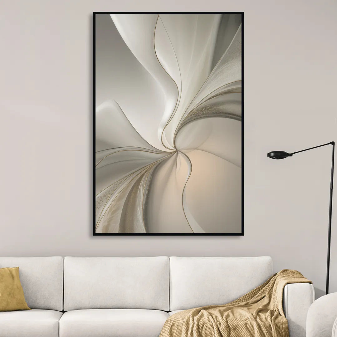 Serene Elegance in White Abstract Sitting Room - Black Canvas Wall Art