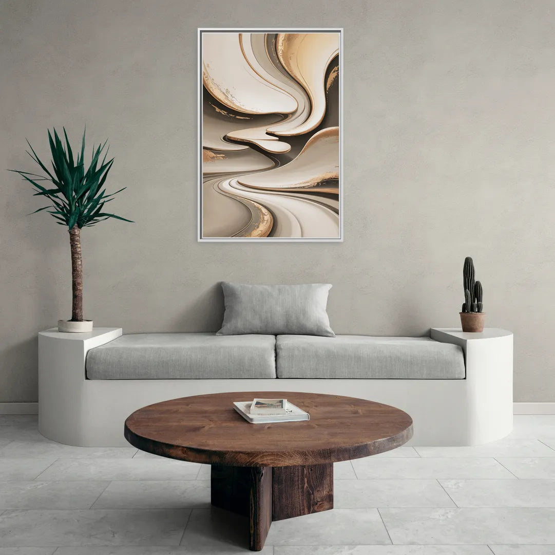 Serene Flow Beige Abstract - Living Room White Frame Canvas