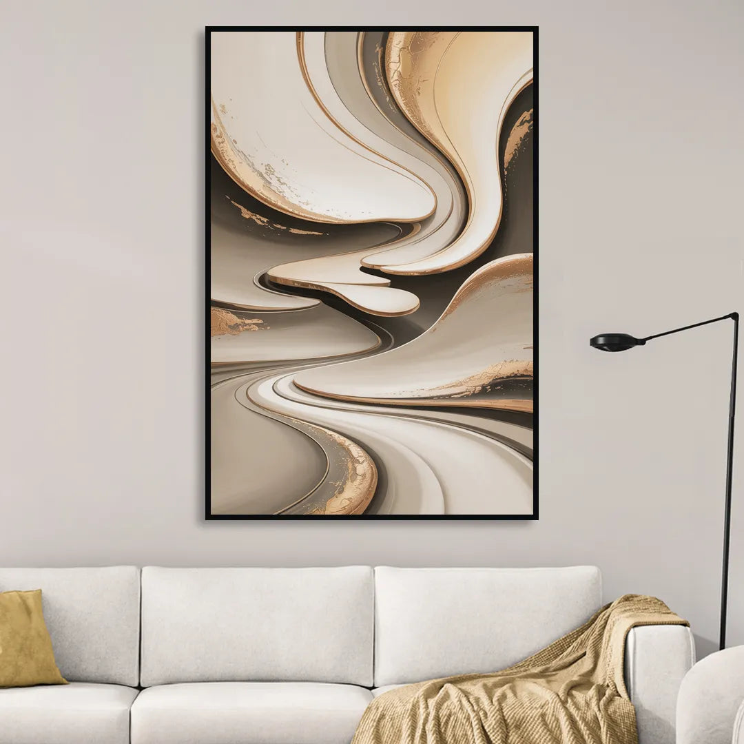 Serene Flow Beige Abstract Living Room - Black Canvas Wall Art
