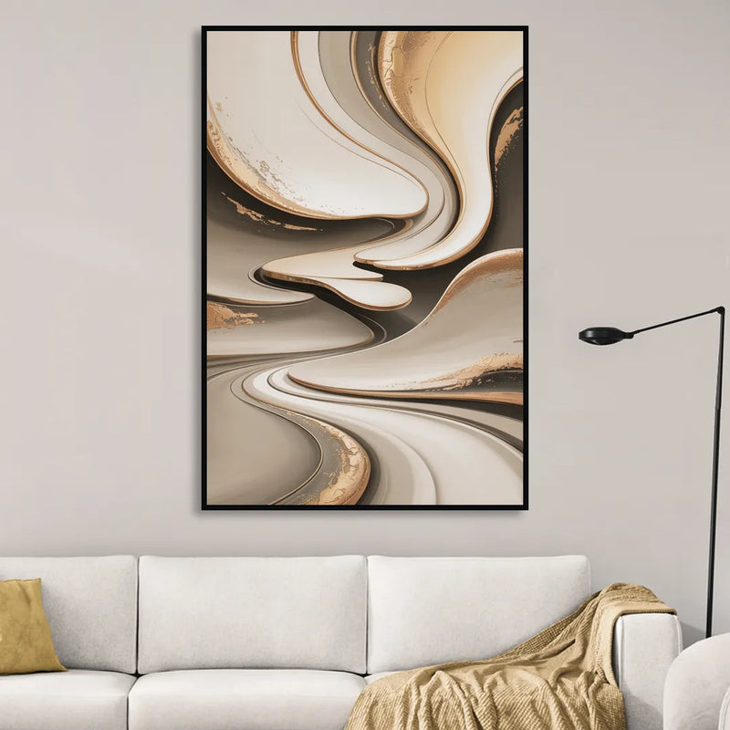 Serene Flow Beige Abstract Living Room - Black Canvas Wall Art