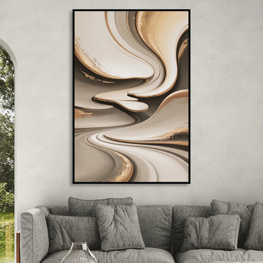 Serene Flow Beige Abstract Sitting Room - Black Canvas Wall Art
