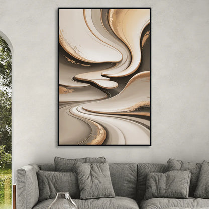 Serene Flow Beige Abstract Sitting Room - Black Canvas Wall Art