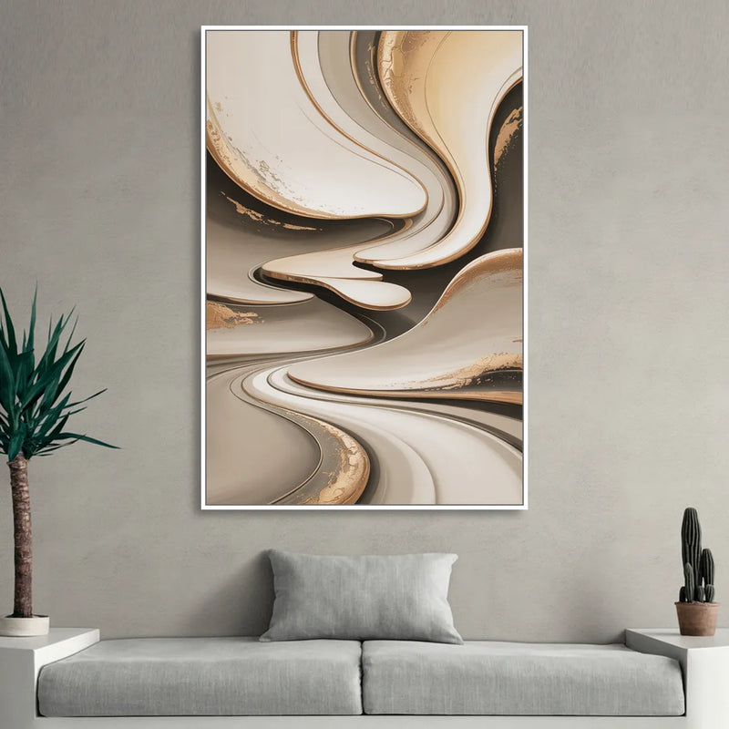 Serene Flow Beige Abstract Living Room - White Canvas Wall Art