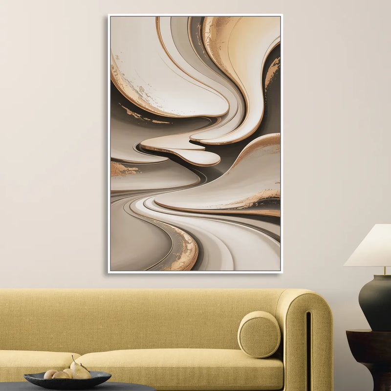 Serene Flow Beige Abstract Sitting Room - White Canvas Wall Art