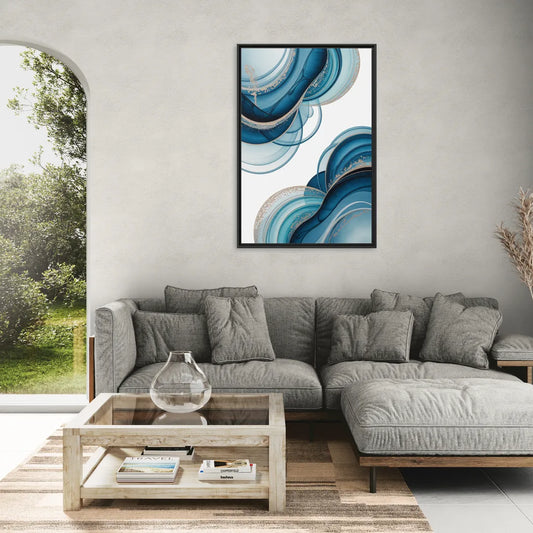 Serene Flowing Opulence Blue Abstract - Living Room Black Frame Canvas